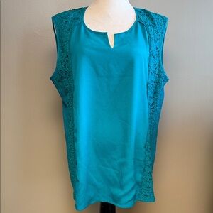 Calvin Klein Teal Lace Panel Sleeveless Blouse Size XL Polyester
